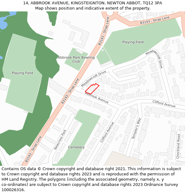 14, ABBROOK AVENUE, KINGSTEIGNTON, NEWTON ABBOT, TQ12 3PA: Location map and indicative extent of plot