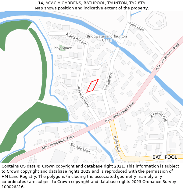 14, ACACIA GARDENS, BATHPOOL, TAUNTON, TA2 8TA: Location map and indicative extent of plot