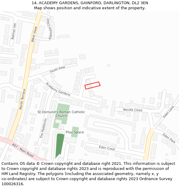 14, ACADEMY GARDENS, GAINFORD, DARLINGTON, DL2 3EN: Location map and indicative extent of plot