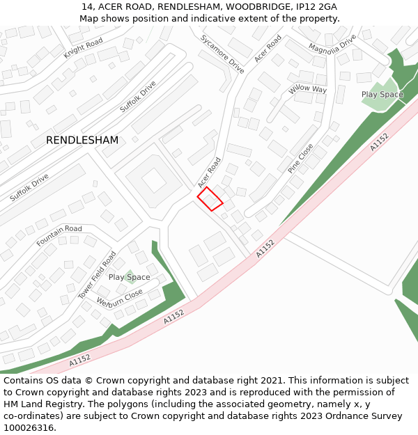 14, ACER ROAD, RENDLESHAM, WOODBRIDGE, IP12 2GA: Location map and indicative extent of plot