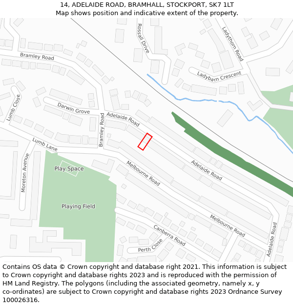 14, ADELAIDE ROAD, BRAMHALL, STOCKPORT, SK7 1LT: Location map and indicative extent of plot