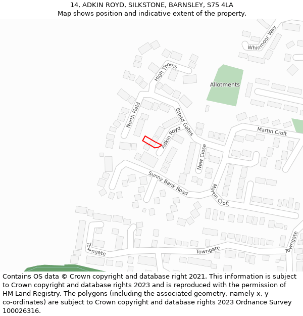 14, ADKIN ROYD, SILKSTONE, BARNSLEY, S75 4LA: Location map and indicative extent of plot