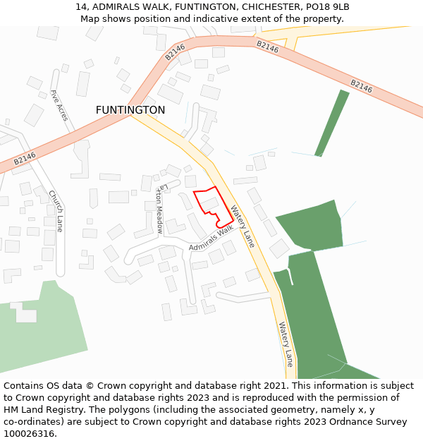 14, ADMIRALS WALK, FUNTINGTON, CHICHESTER, PO18 9LB: Location map and indicative extent of plot