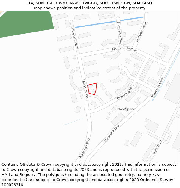 14, ADMIRALTY WAY, MARCHWOOD, SOUTHAMPTON, SO40 4AQ: Location map and indicative extent of plot