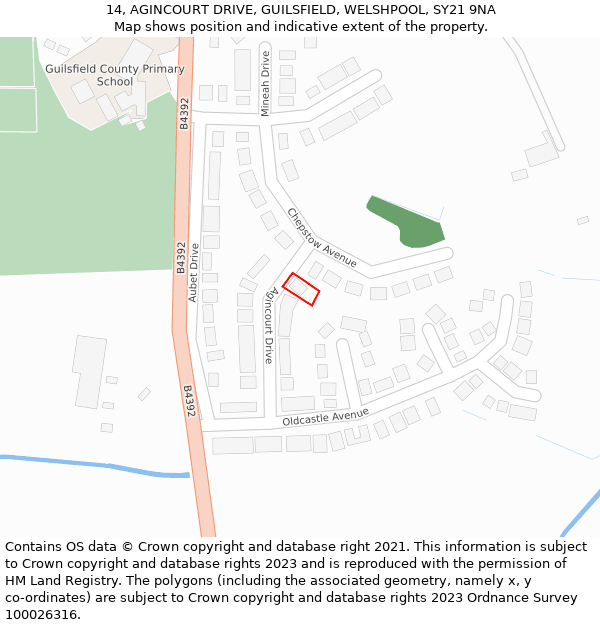 14, AGINCOURT DRIVE, GUILSFIELD, WELSHPOOL, SY21 9NA: Location map and indicative extent of plot