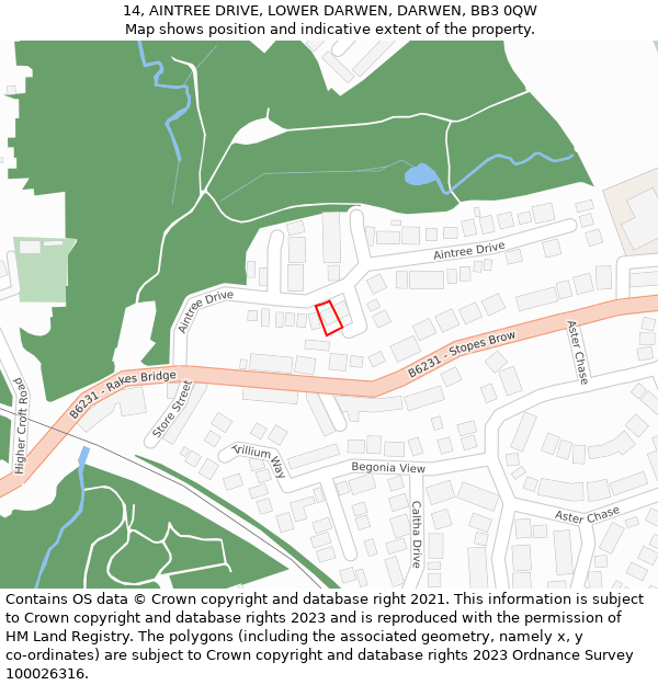 14, AINTREE DRIVE, LOWER DARWEN, DARWEN, BB3 0QW: Location map and indicative extent of plot