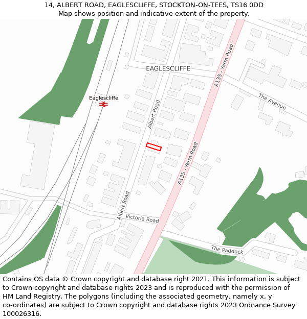 14, ALBERT ROAD, EAGLESCLIFFE, STOCKTON-ON-TEES, TS16 0DD: Location map and indicative extent of plot