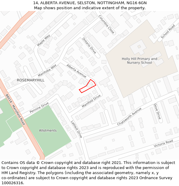 14, ALBERTA AVENUE, SELSTON, NOTTINGHAM, NG16 6GN: Location map and indicative extent of plot