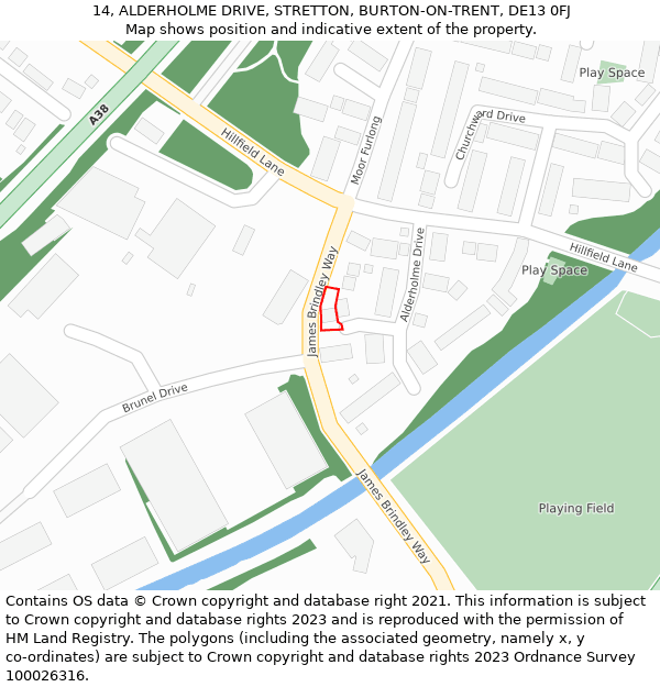 14, ALDERHOLME DRIVE, STRETTON, BURTON-ON-TRENT, DE13 0FJ: Location map and indicative extent of plot