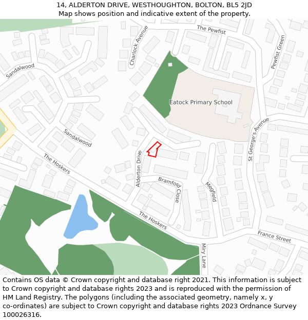14, ALDERTON DRIVE, WESTHOUGHTON, BOLTON, BL5 2JD: Location map and indicative extent of plot