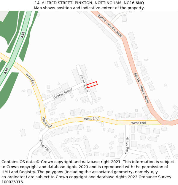 14, ALFRED STREET, PINXTON, NOTTINGHAM, NG16 6NQ: Location map and indicative extent of plot