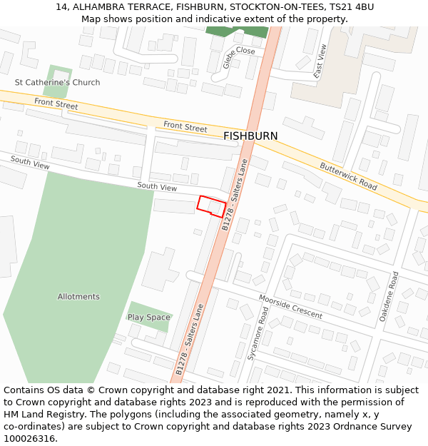 14, ALHAMBRA TERRACE, FISHBURN, STOCKTON-ON-TEES, TS21 4BU: Location map and indicative extent of plot