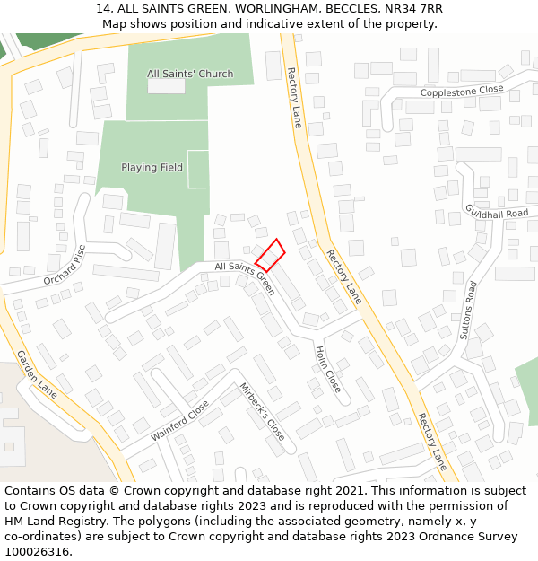 14, ALL SAINTS GREEN, WORLINGHAM, BECCLES, NR34 7RR: Location map and indicative extent of plot