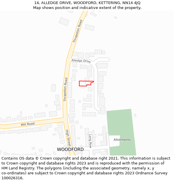 14, ALLEDGE DRIVE, WOODFORD, KETTERING, NN14 4JQ: Location map and indicative extent of plot