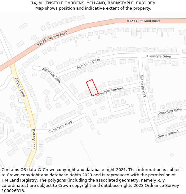 14, ALLENSTYLE GARDENS, YELLAND, BARNSTAPLE, EX31 3EA: Location map and indicative extent of plot