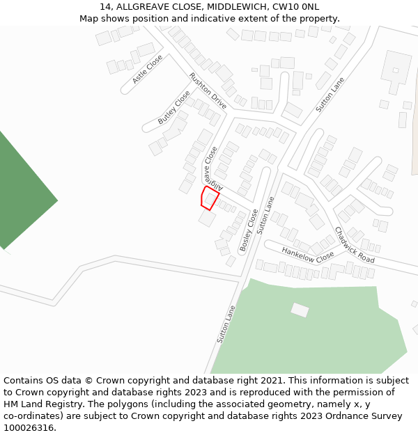 14, ALLGREAVE CLOSE, MIDDLEWICH, CW10 0NL: Location map and indicative extent of plot