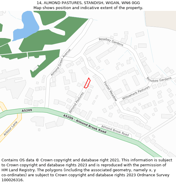 14, ALMOND PASTURES, STANDISH, WIGAN, WN6 0GG: Location map and indicative extent of plot