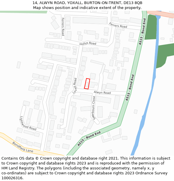 14, ALWYN ROAD, YOXALL, BURTON-ON-TRENT, DE13 8QB: Location map and indicative extent of plot