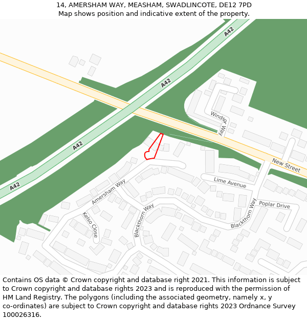 14, AMERSHAM WAY, MEASHAM, SWADLINCOTE, DE12 7PD: Location map and indicative extent of plot