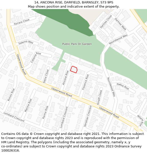 14, ANCONA RISE, DARFIELD, BARNSLEY, S73 9PS: Location map and indicative extent of plot