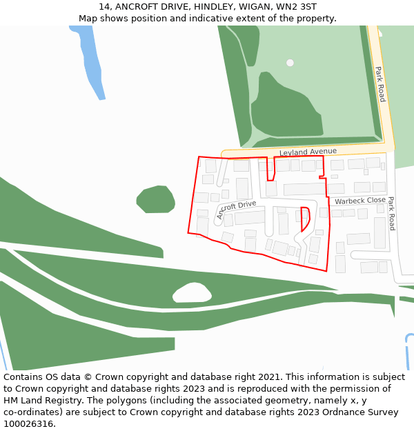 14, ANCROFT DRIVE, HINDLEY, WIGAN, WN2 3ST: Location map and indicative extent of plot