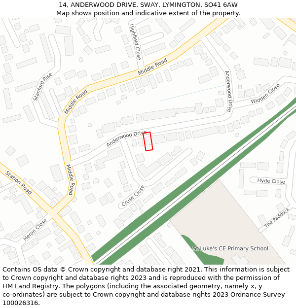 14, ANDERWOOD DRIVE, SWAY, LYMINGTON, SO41 6AW: Location map and indicative extent of plot