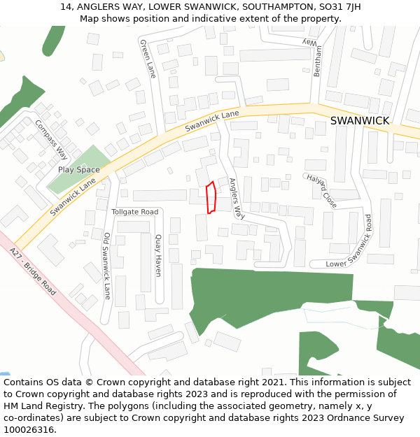 14, ANGLERS WAY, LOWER SWANWICK, SOUTHAMPTON, SO31 7JH: Location map and indicative extent of plot