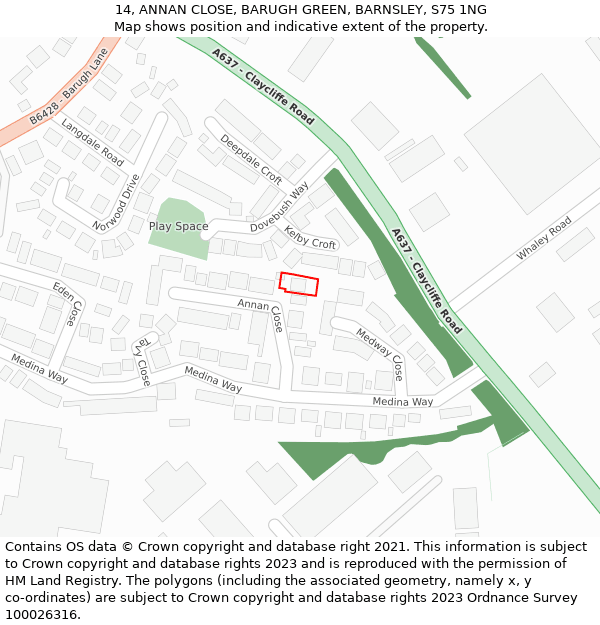 14, ANNAN CLOSE, BARUGH GREEN, BARNSLEY, S75 1NG: Location map and indicative extent of plot