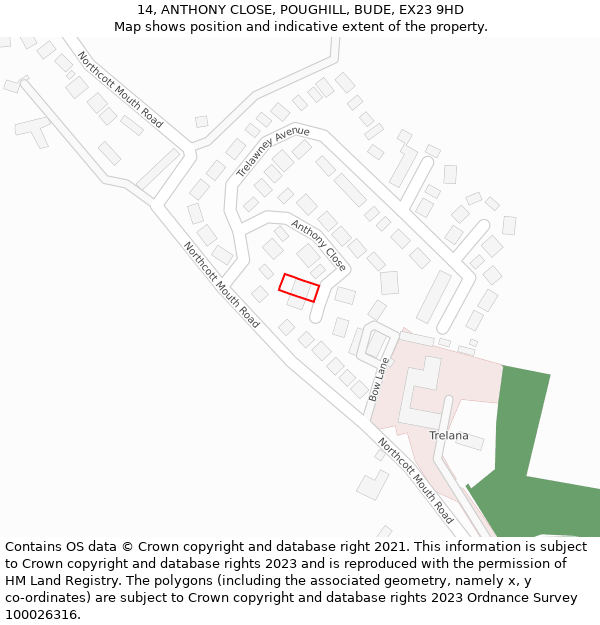 14, ANTHONY CLOSE, POUGHILL, BUDE, EX23 9HD: Location map and indicative extent of plot