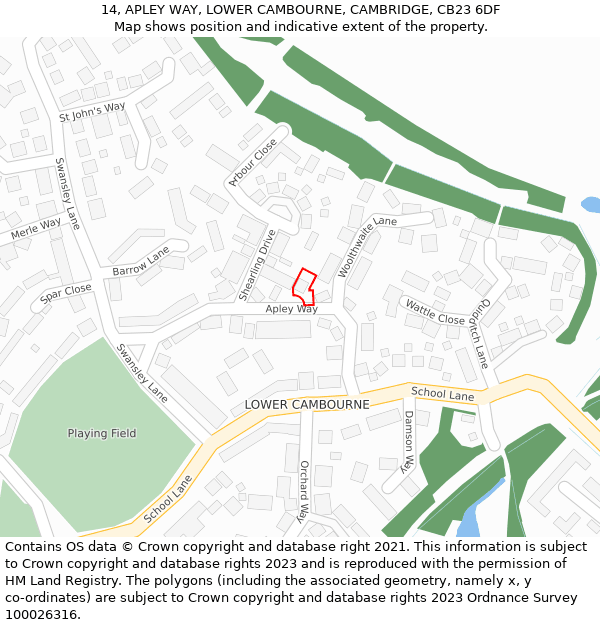 14, APLEY WAY, LOWER CAMBOURNE, CAMBRIDGE, CB23 6DF: Location map and indicative extent of plot