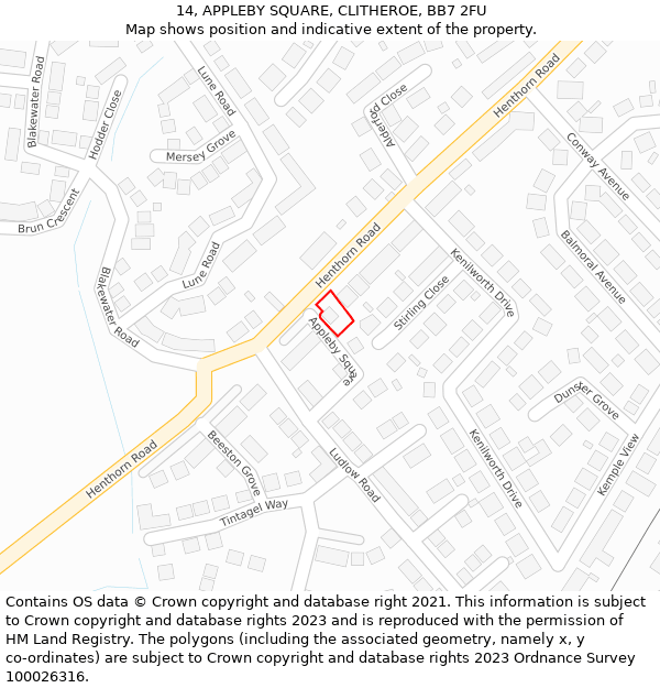 14, APPLEBY SQUARE, CLITHEROE, BB7 2FU: Location map and indicative extent of plot
