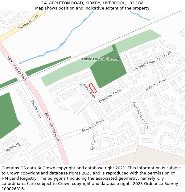 14, APPLETON ROAD, KIRKBY, LIVERPOOL, L32 1BA: Location map and indicative extent of plot