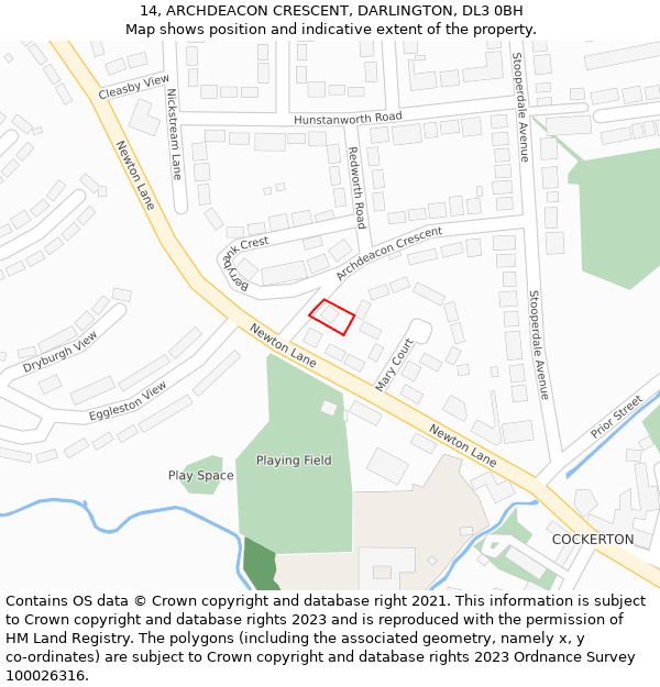 14, ARCHDEACON CRESCENT, DARLINGTON, DL3 0BH: Location map and indicative extent of plot