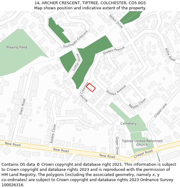 14, ARCHER CRESCENT, TIPTREE, COLCHESTER, CO5 0GS: Location map and indicative extent of plot