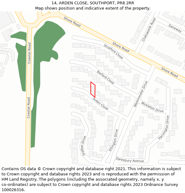 14, ARDEN CLOSE, SOUTHPORT, PR8 2RR: Location map and indicative extent of plot