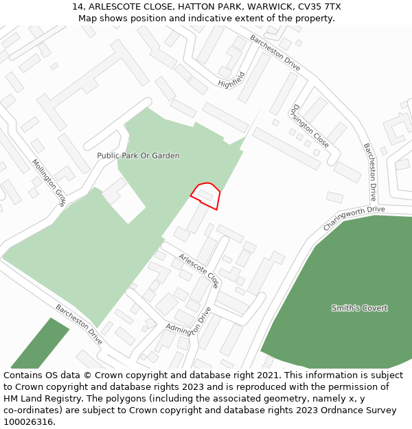 14, ARLESCOTE CLOSE, HATTON PARK, WARWICK, CV35 7TX: Location map and indicative extent of plot