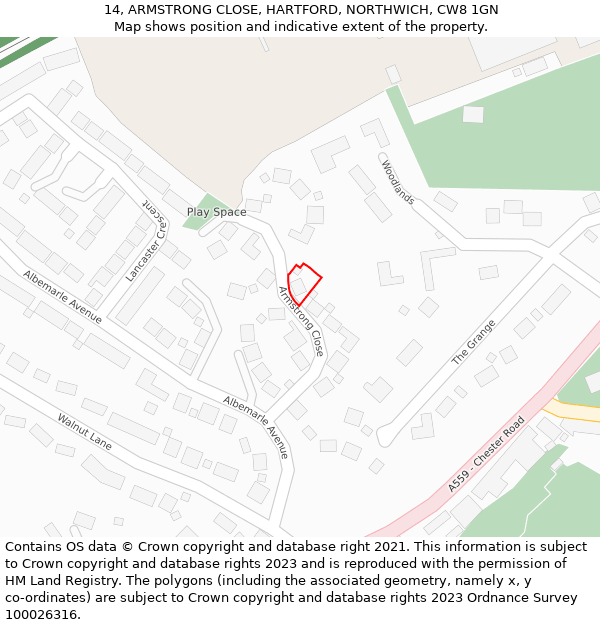 14, ARMSTRONG CLOSE, HARTFORD, NORTHWICH, CW8 1GN: Location map and indicative extent of plot