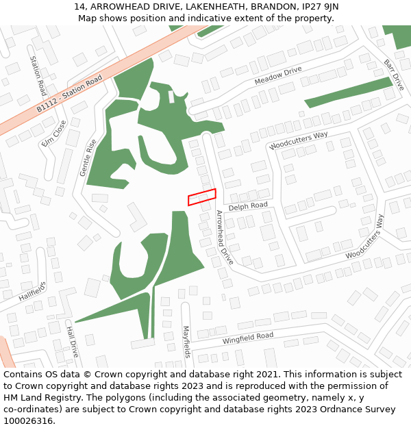 14, ARROWHEAD DRIVE, LAKENHEATH, BRANDON, IP27 9JN: Location map and indicative extent of plot