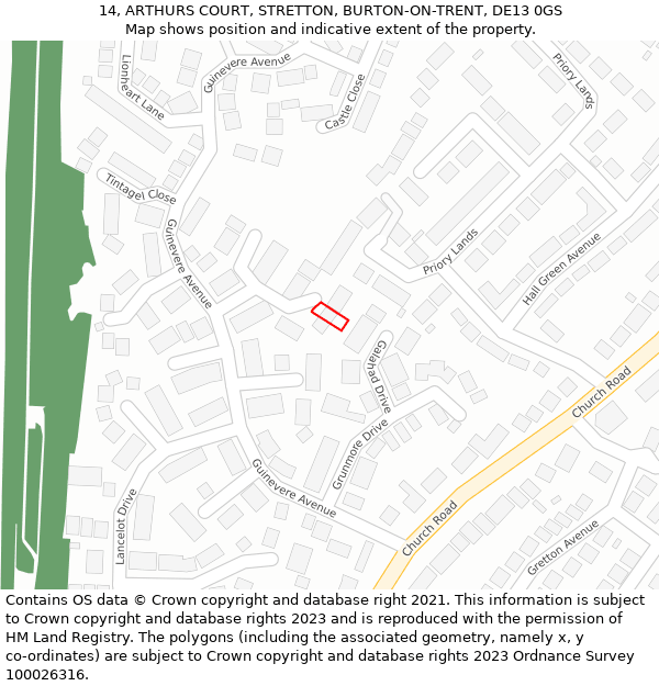 14, ARTHURS COURT, STRETTON, BURTON-ON-TRENT, DE13 0GS: Location map and indicative extent of plot