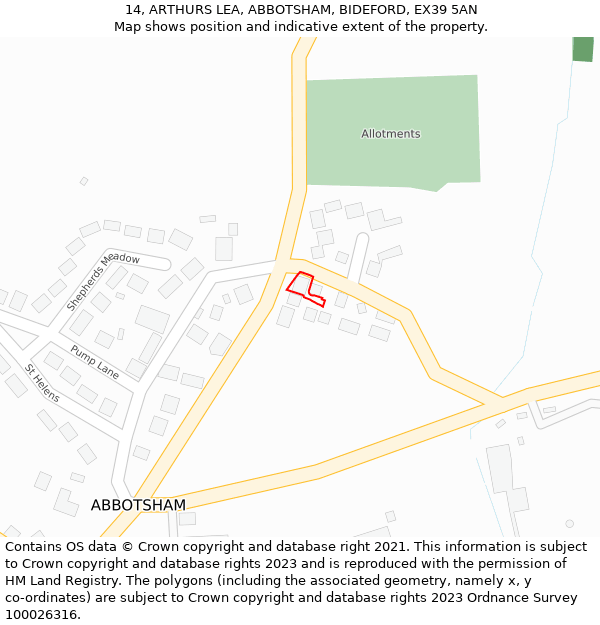 14, ARTHURS LEA, ABBOTSHAM, BIDEFORD, EX39 5AN: Location map and indicative extent of plot