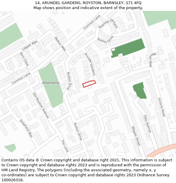 14, ARUNDEL GARDENS, ROYSTON, BARNSLEY, S71 4FQ: Location map and indicative extent of plot