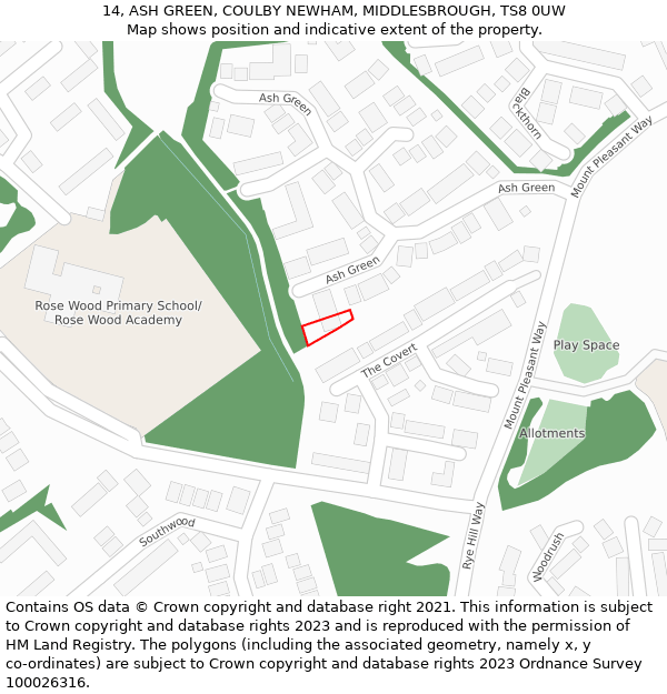 14, ASH GREEN, COULBY NEWHAM, MIDDLESBROUGH, TS8 0UW: Location map and indicative extent of plot
