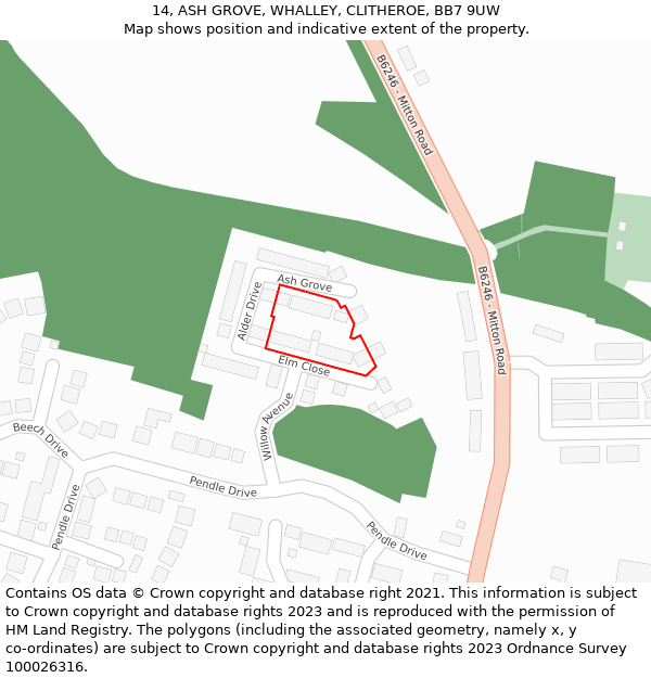14, ASH GROVE, WHALLEY, CLITHEROE, BB7 9UW: Location map and indicative extent of plot