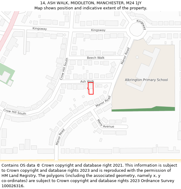 14, ASH WALK, MIDDLETON, MANCHESTER, M24 1JY: Location map and indicative extent of plot