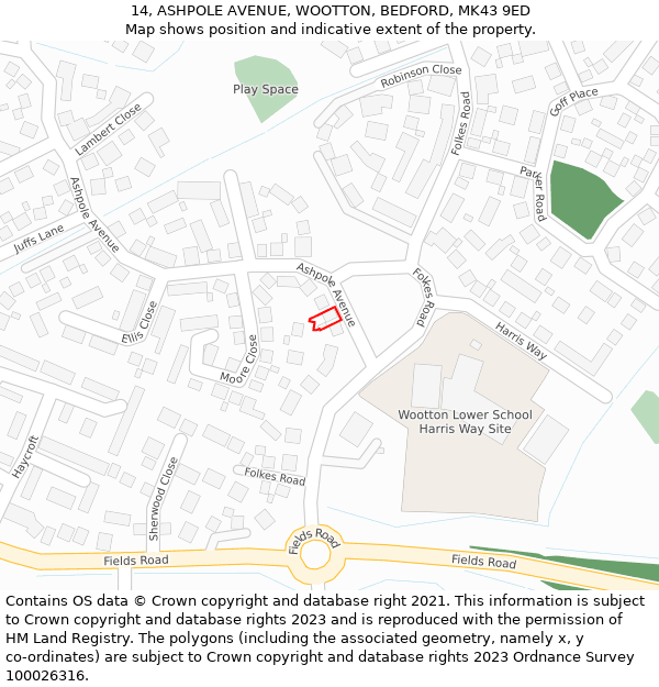 14, ASHPOLE AVENUE, WOOTTON, BEDFORD, MK43 9ED: Location map and indicative extent of plot