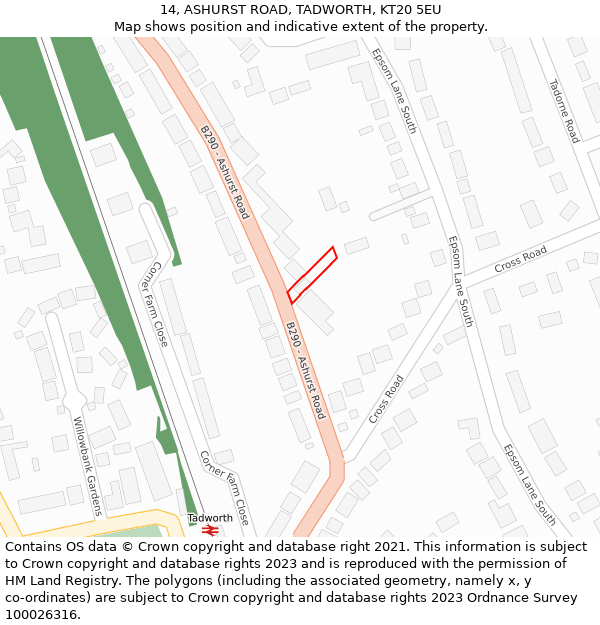 14, ASHURST ROAD, TADWORTH, KT20 5EU: Location map and indicative extent of plot