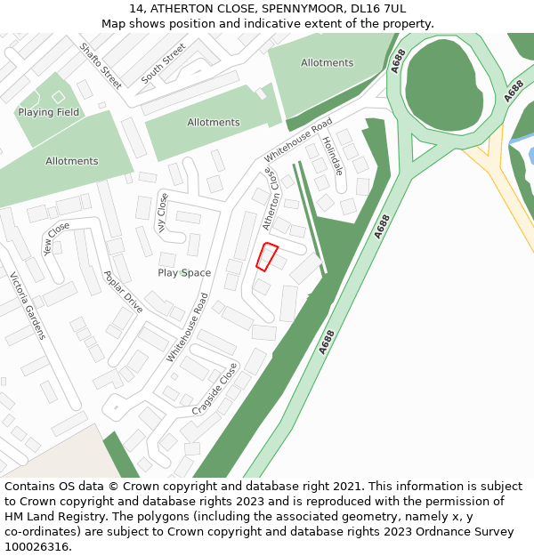 14, ATHERTON CLOSE, SPENNYMOOR, DL16 7UL: Location map and indicative extent of plot