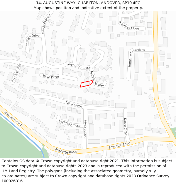 14, AUGUSTINE WAY, CHARLTON, ANDOVER, SP10 4EG: Location map and indicative extent of plot