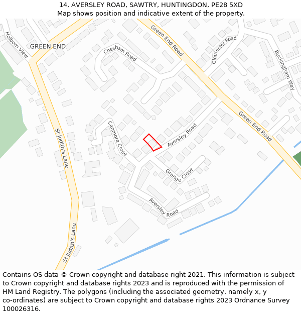 14, AVERSLEY ROAD, SAWTRY, HUNTINGDON, PE28 5XD: Location map and indicative extent of plot