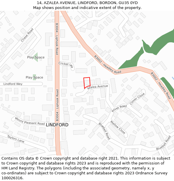 14, AZALEA AVENUE, LINDFORD, BORDON, GU35 0YD: Location map and indicative extent of plot